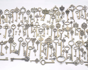 Antique Bronze Medium Large Skeleton Key Charms Pendants Wedding Favor Collection Assorted Mixed Style Set of 107
