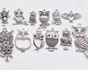 Antique Silver Owl Charms Mixed Style Set of 12  A8655