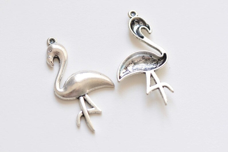 10 pcs Antique Silver Flamingo Bird Charms 25x46mm