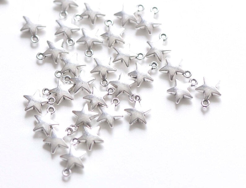 Antique Silver Puffy Star Charms Blank Charms 7mm Set of 40 pcs A7261