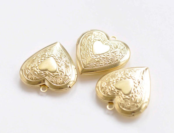 4 pcs of Raw Brass Heart Shaped Photo Lockets 29mm