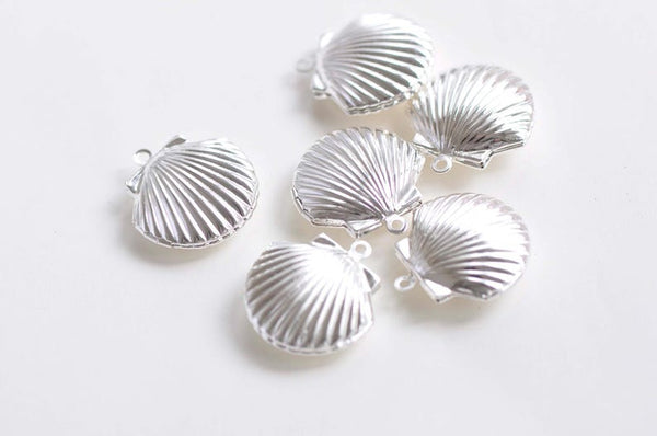 4 pcs Shiny Silver Scallop Shell Photo Lockets 19x22mm