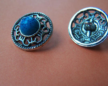 10 pcs Antique Silver Turquoise Blue Buttons Charms  18mm A1682