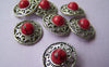 10 pcs Antique Silver Red Coral Buttons Charms 18mm A1688