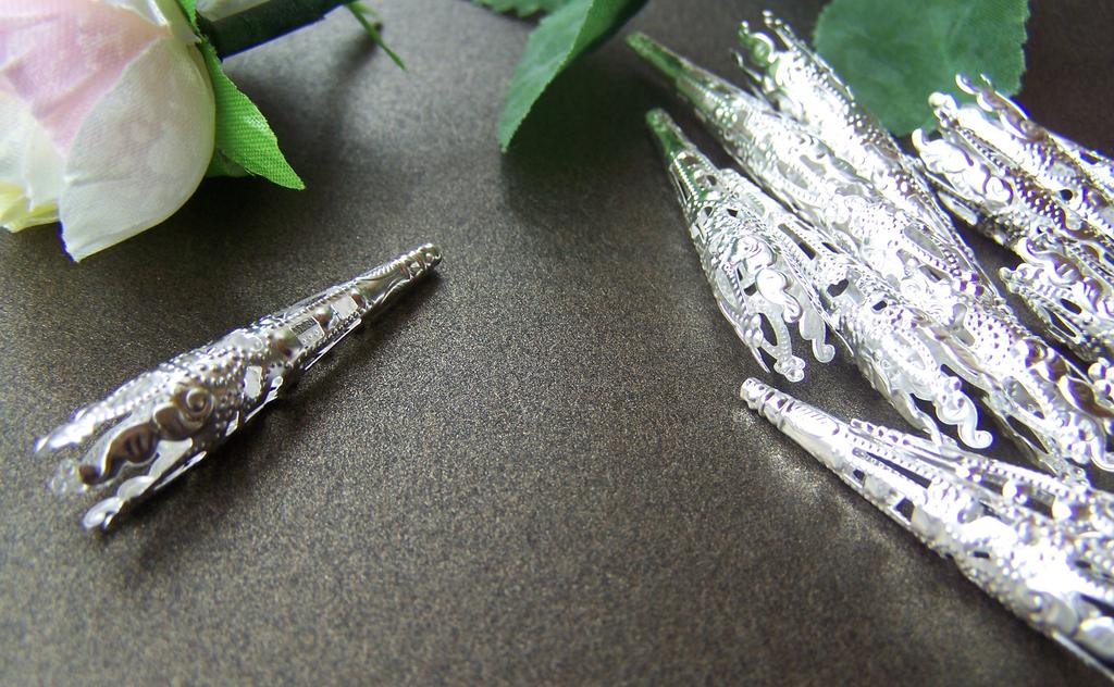 50 pcs Silver Filigree Cone Long Bead Caps 8x41mm A2052