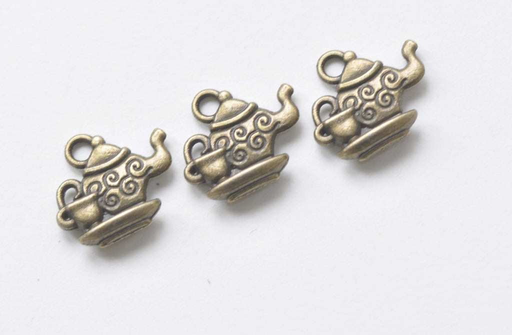 Antiqued Bronze Tea Pot Set Tea Cup Charms Pendants Set of 20