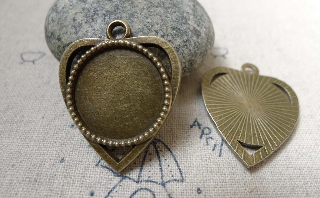 Accessories - 10 Pcs Antique Bronze Heart Shaped Round Cameo Base Settings Match 18mm Cabochon A5876