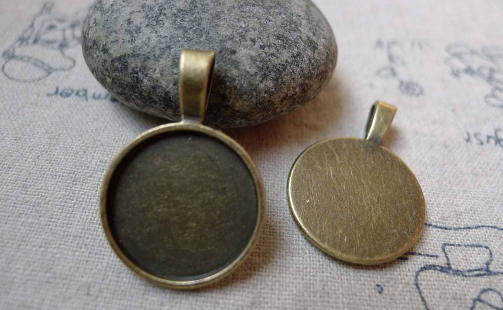 Accessories - 10 Pcs Antique Bronze Round Pendant Tray Bezel Base Settings Match 18mm Cabochon A6079
