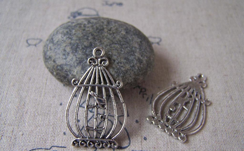 Accessories - 10 Pcs Antique Silver Bird Filigree Cage Charms Pendants 20x33mm A5312