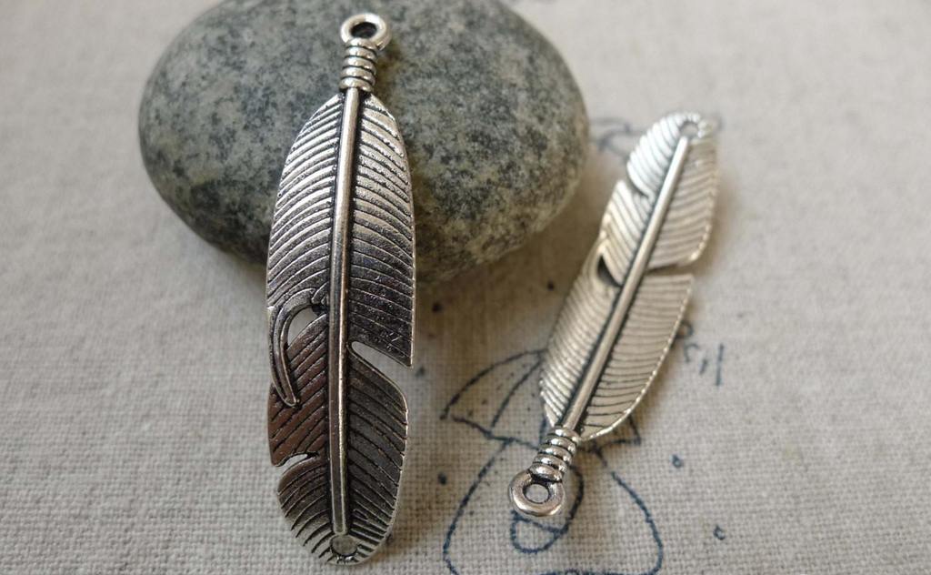 Accessories - 10 Pcs Antique Silver Curved Feather Connector Bracelet Charms 11x45mm A6454