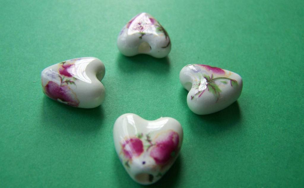 Accessories - 10 Pcs Hand Painted Heart Shaped Rondelle Ceramic Beads Huge Size15mm A1884