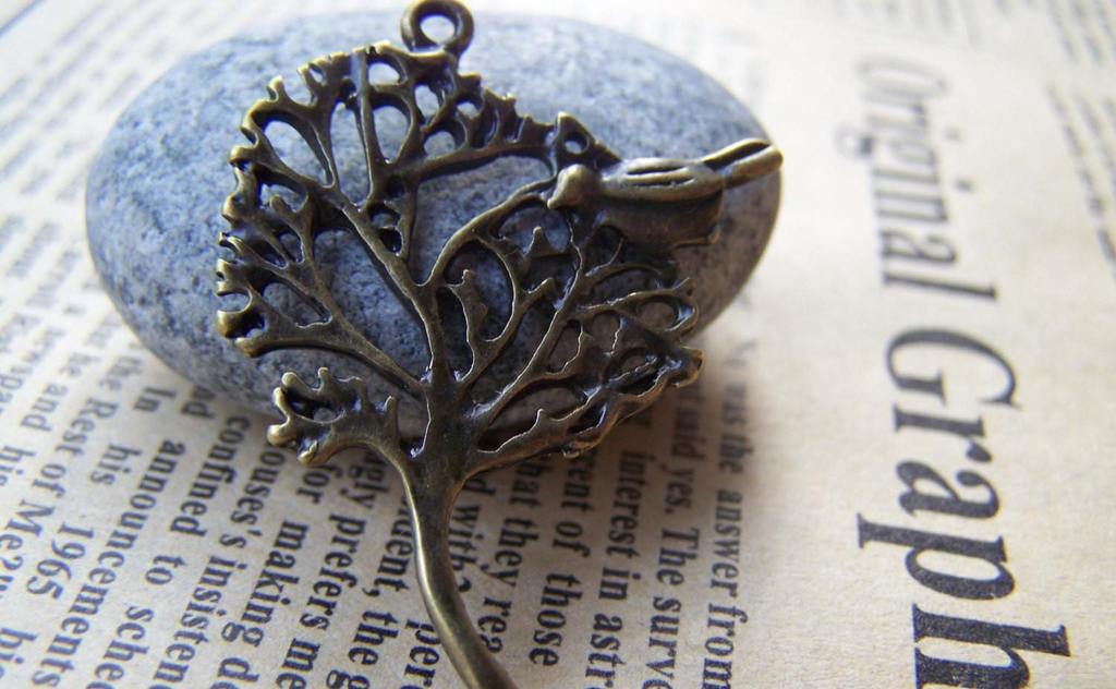 Plants & Trees - 10 pcs Antique Bronze Bird On Tree Pendants Charms 32x40mm A282