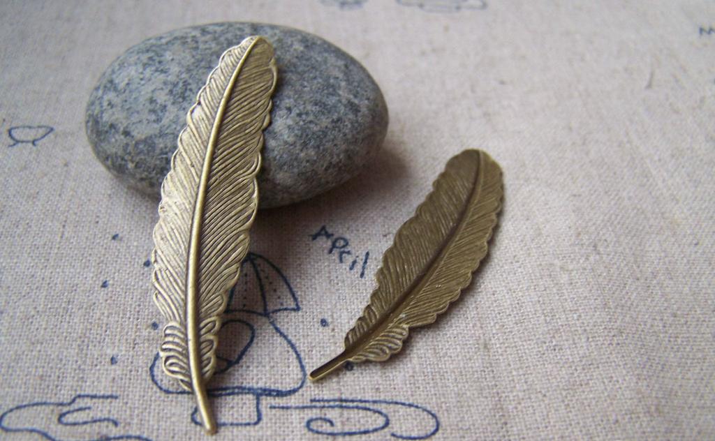 Accessories - 10 Pcs Of Antique Bronze Brass Feather Cabochon 12x53mm A421