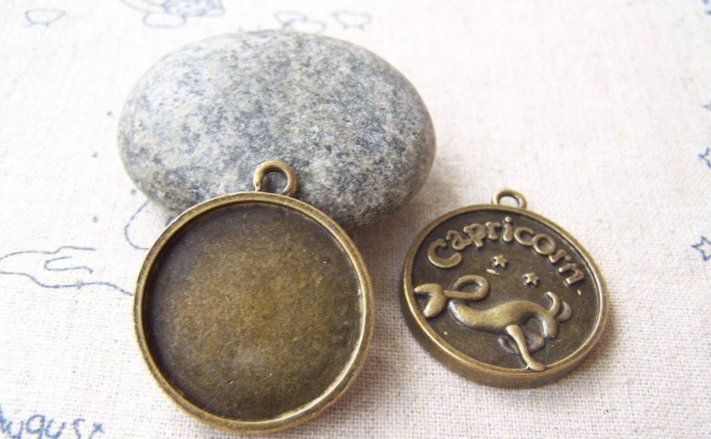 Accessories - 10 Pcs Of Antique Bronze Capricorn The Sea Goat Round Base Setting Charms Match 25mm Cameo A3829