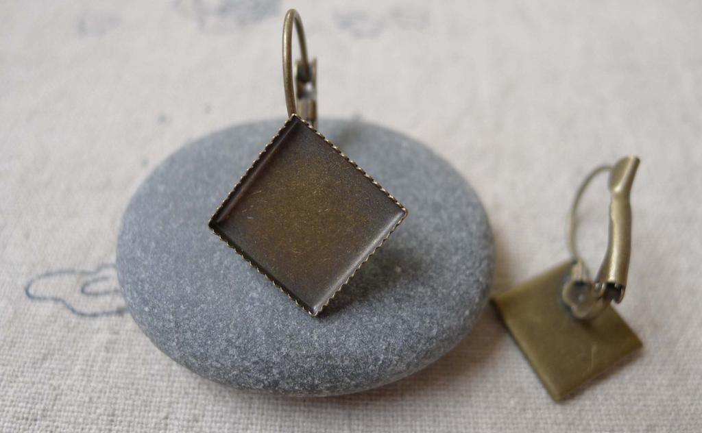 Accessories - 10 Pcs Of Antique Bronze Diamond Shape Earwire Base Setting Match 12mm Bezel Sawtooth Edge A7050