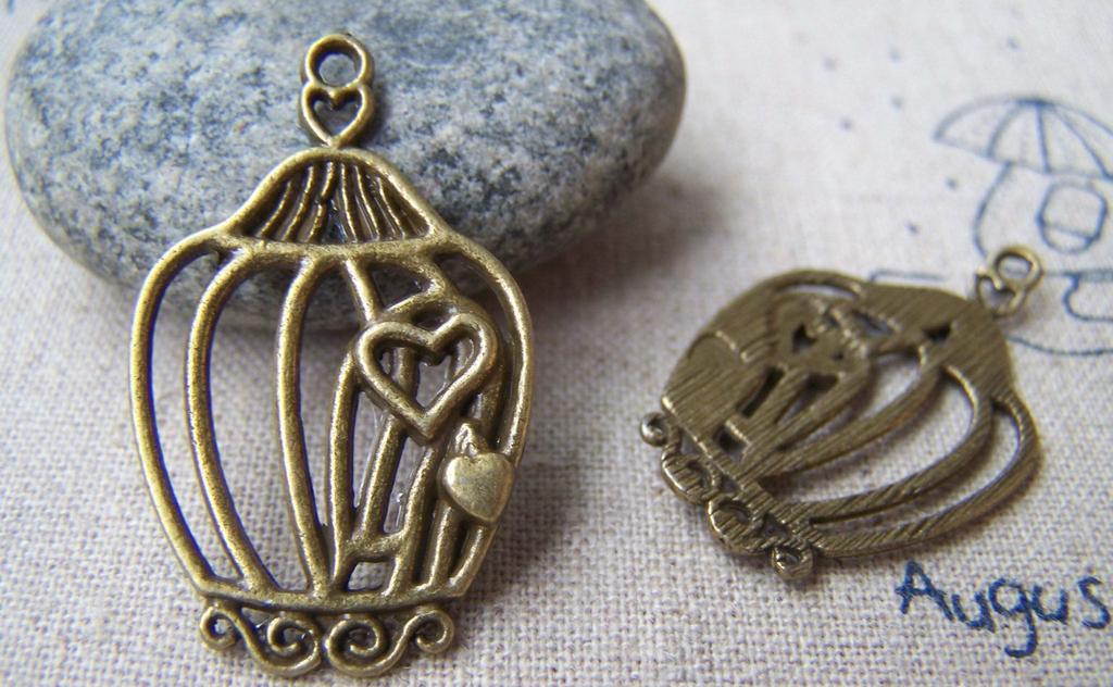 Accessories - 10 Pcs Of Antique Bronze Filigree Heart Bird Cage Charms 21x34mm A155