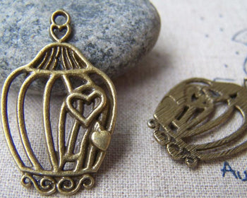 Accessories - 10 Pcs Of Antique Bronze Filigree Heart Bird Cage Charms 21x34mm A155