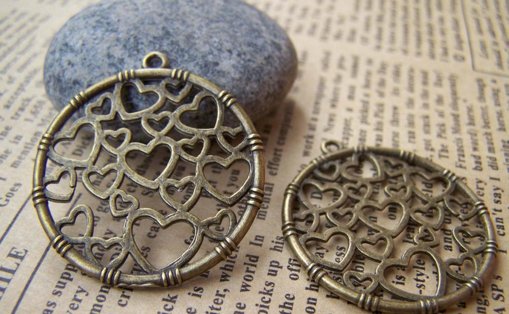 Accessories - 10 Pcs Of Antique Bronze Filigree Heart Ring Charms 32mm A1516