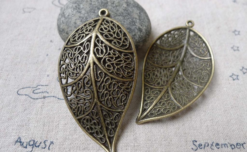 Accessories - 10 Pcs Of Antique Bronze Filigree Huge Leaf Pendants Charms 30x57mm A6729