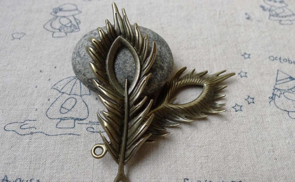 Accessories - 10 Pcs Of Antique Bronze Filigree Peacock Feather Pendants Charms 27x70mm A6640