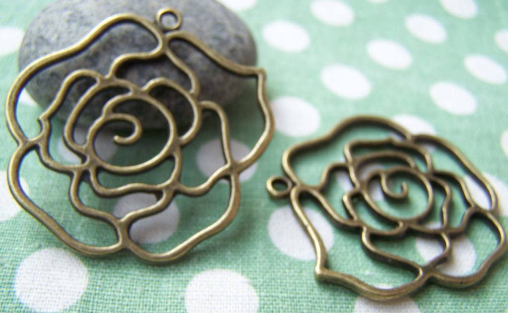 Accessories - 10 Pcs Of Antique Bronze Filigree Rose Flower Pendants Charms 40mm A1739