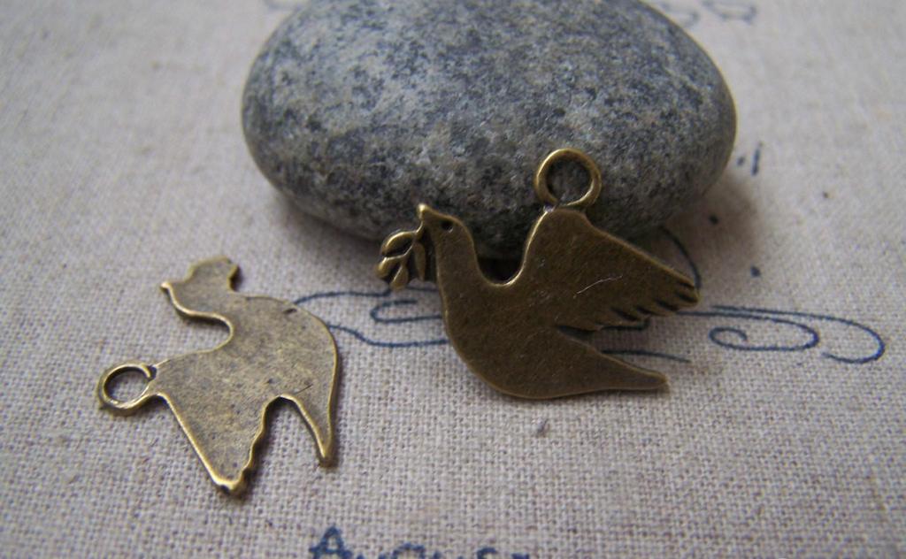 Accessories - 10 Pcs Of Antique Bronze Flat Peace Dove Bird Charms 15x25mm A2947