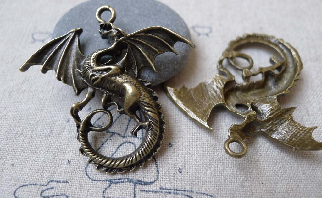 Accessories - 10 Pcs Of Antique Bronze Flying Dragon Charms Pendants 43x47mm A6300