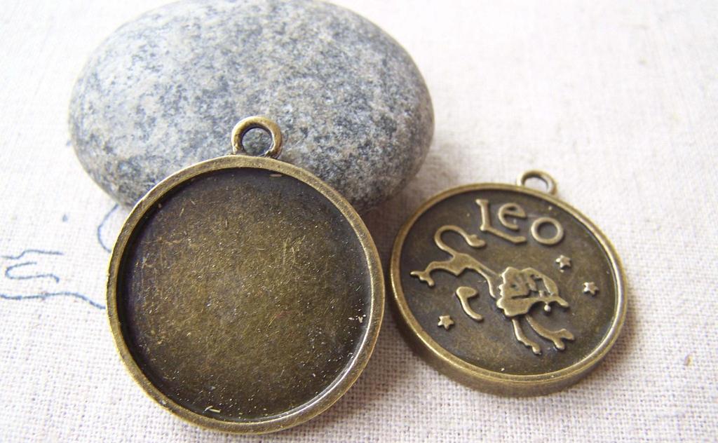 Accessories - 10 Pcs Of Antique Bronze Leo Lion Round Base Setting Charms Match 25mm Cameo A4323