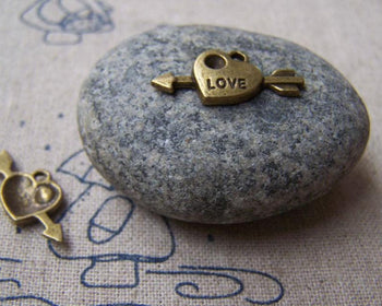 Accessories - 10 Pcs Of Antique Bronze Love Heart Arrow Charms 10x20mm A4479