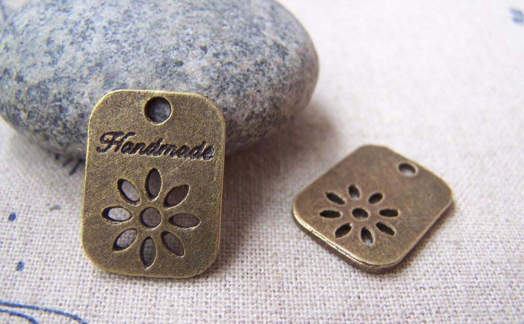 Accessories - 10 Pcs Of Antique Bronze Rectangular Handmade Flower Charms 14x19mm A3564