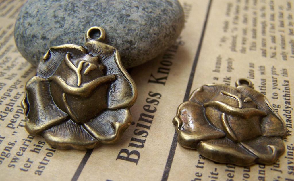 Accessories - 10 Pcs Of Antique Bronze Rose Flower Charms 22x23mm A318
