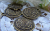 Accessories - 10 Pcs Of Antique Bronze Rose Flower Round Charms Pendants 23mm A453