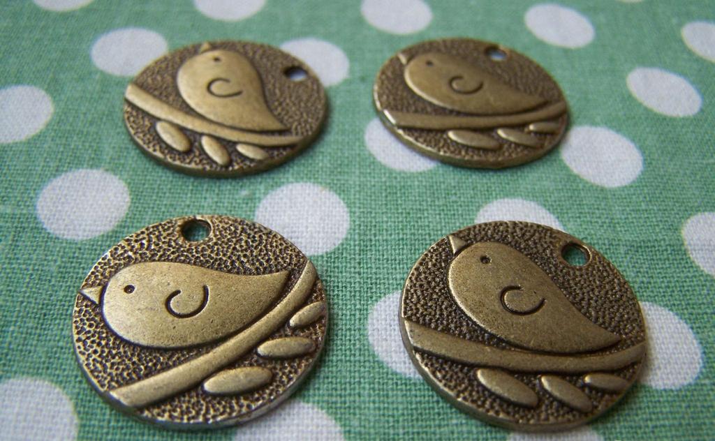 Accessories - 10 Pcs Of Antique Bronze Round Bird Charms 25mm A264