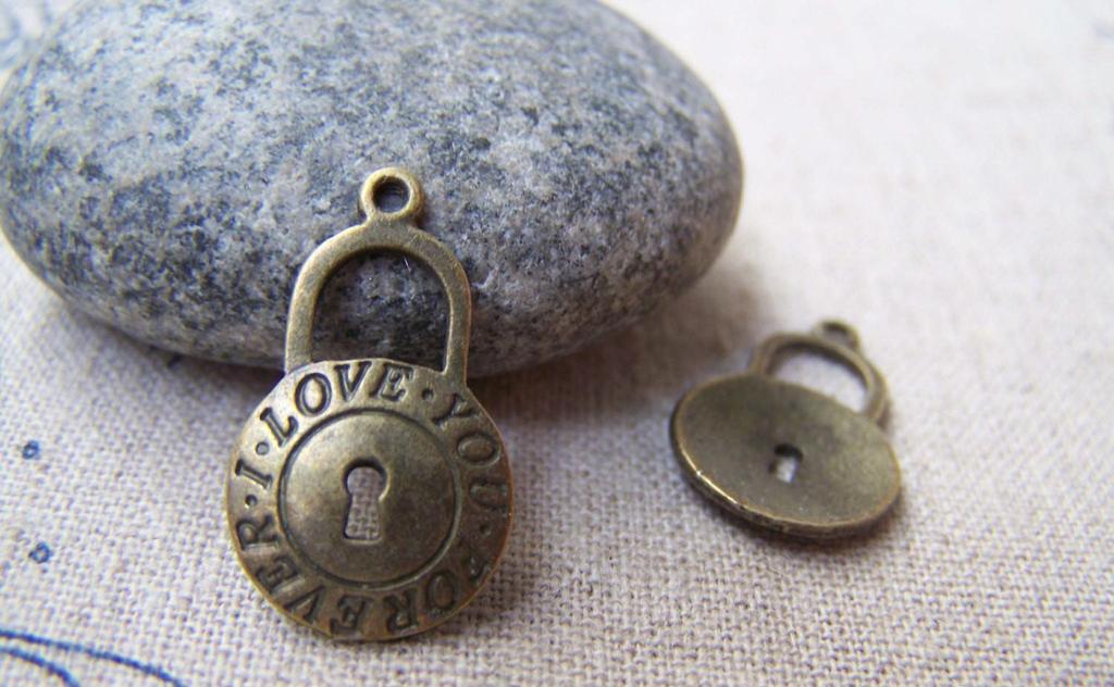 Accessories - 10 Pcs Of Antique Bronze Round Lock Charms 13x21mm A2787
