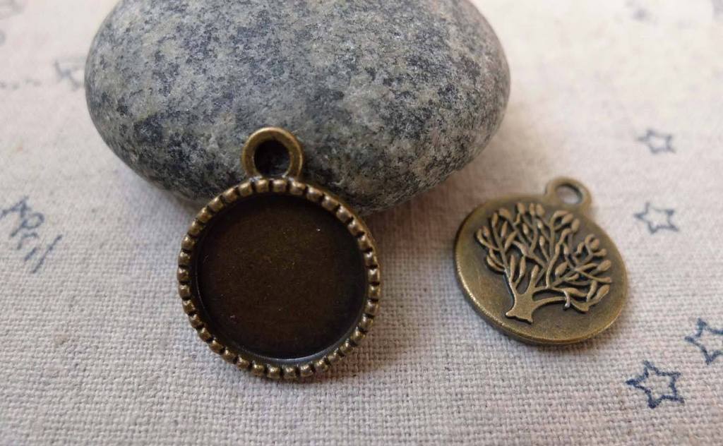 Accessories - 10 Pcs Of Antique Bronze Tree Round Base Settings Match 14mm Cab A6219