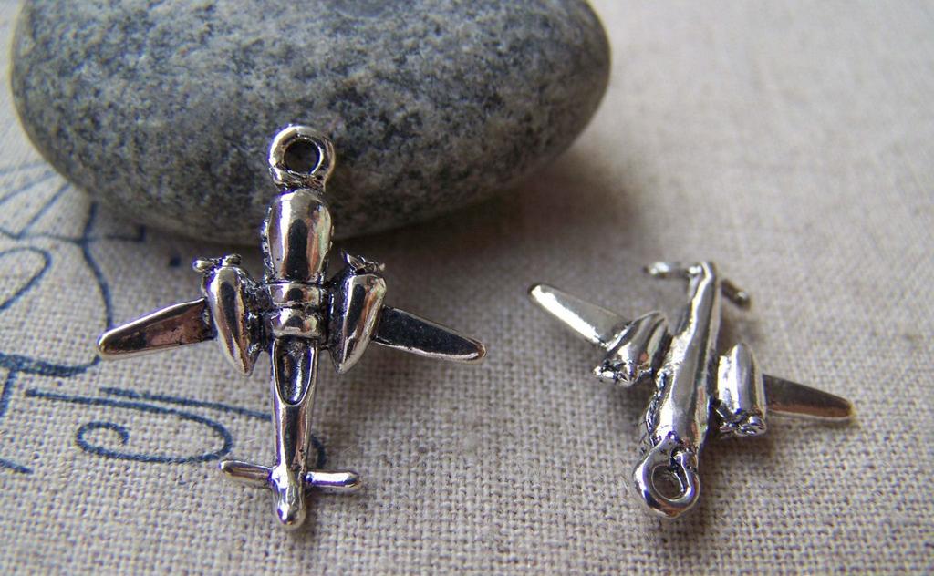 Accessories - 10 Pcs Of Antique Silver 3D Airplane Fighter Charms 23mm A952
