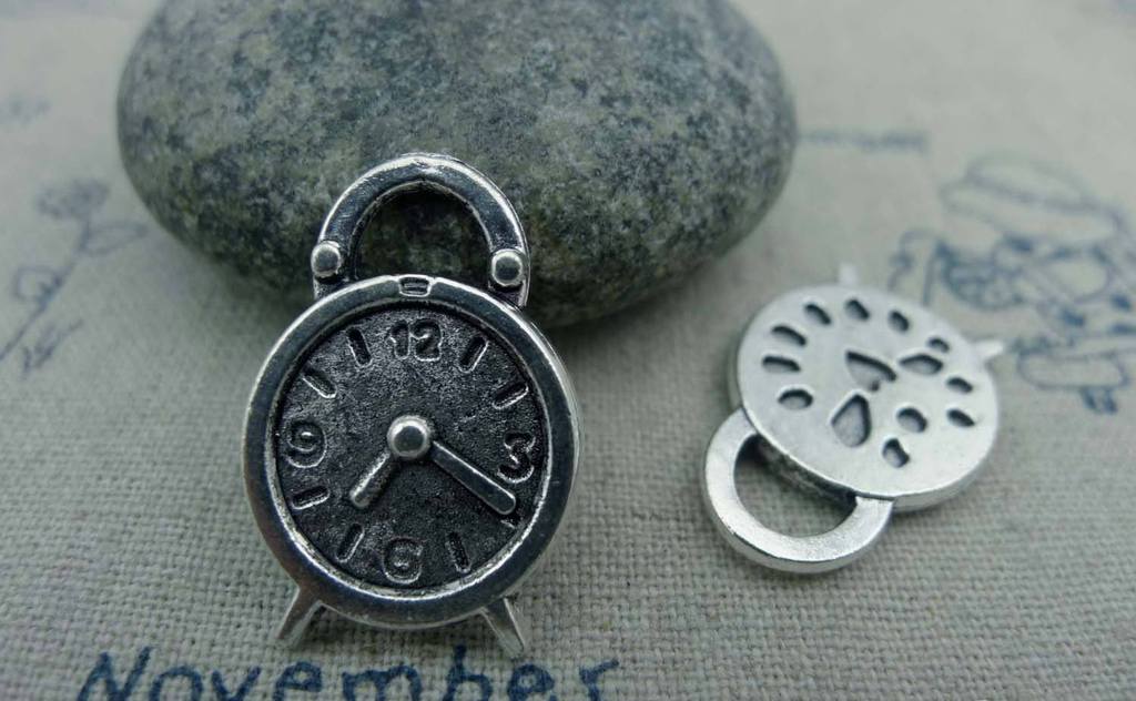 Accessories - 10 Pcs Of Antique Silver Alarming Clock Charms 16x24mm A1322