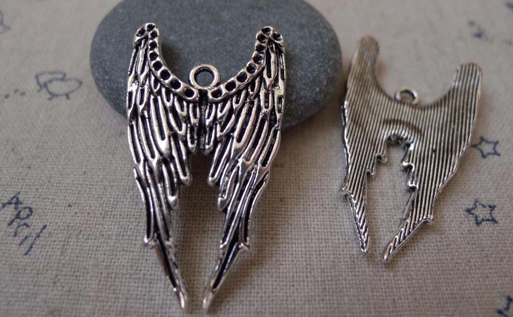 Accessories - 10 Pcs Of Antique Silver Angel Wings Charms Pendants 39mm A7459