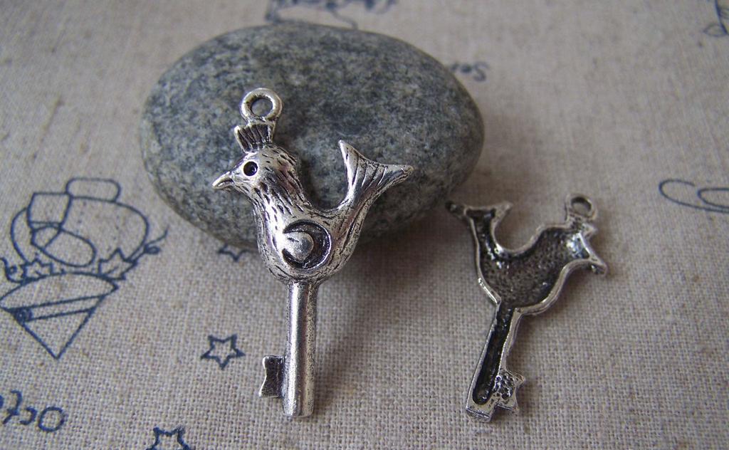 Accessories - 10 Pcs Of Antique Silver Bird Crown Key Charms 21x36mm A3563