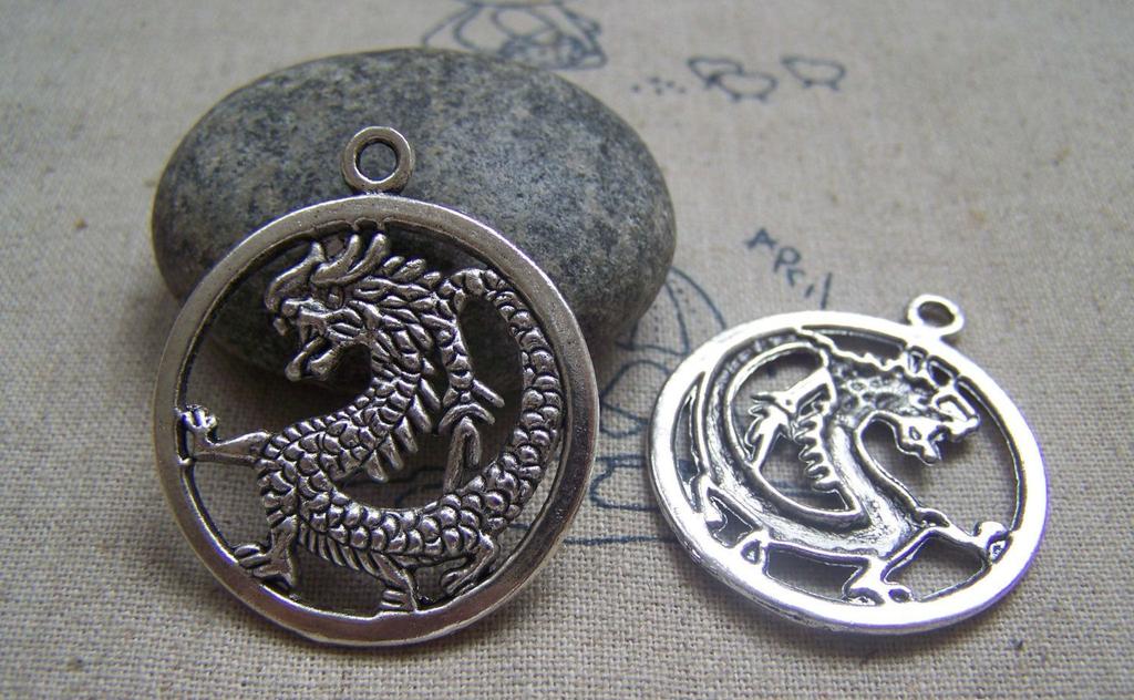 Accessories - 10 Pcs Of Antique Silver Dragon Ring Round Charms 32mm A4716