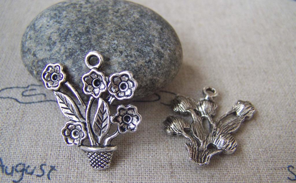 Accessories - 10 Pcs Of Antique Silver Flower Pot Charms 20x26mm A3129