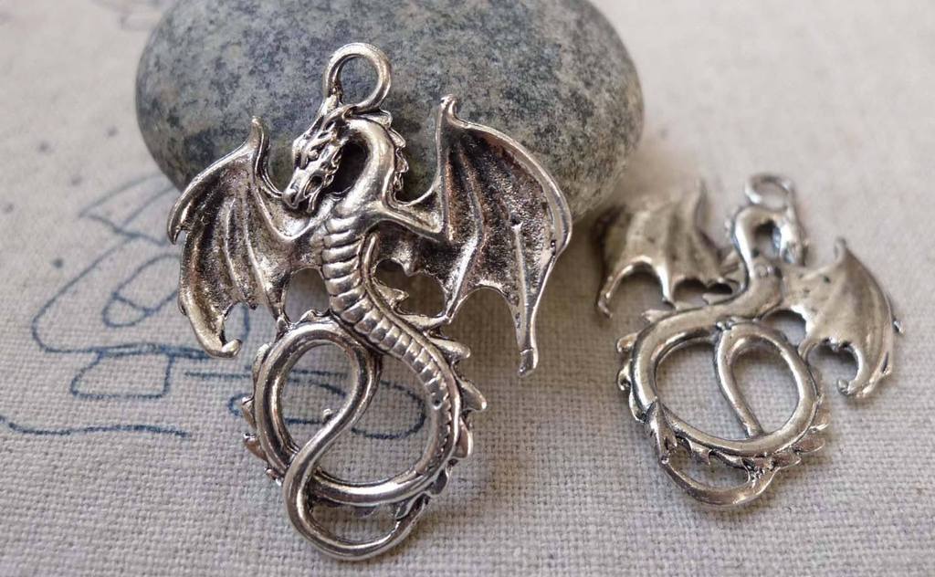 Accessories - 10 Pcs Of Antique Silver Flying Dragon Charms Pendant 27x34mm A6311