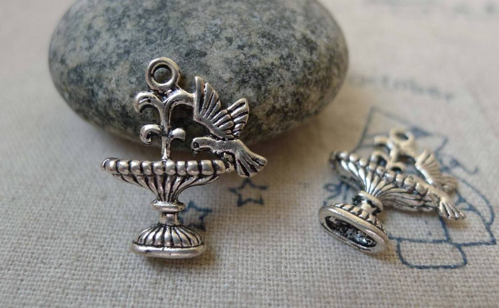 Accessories - 10 Pcs Of Antique Silver Fountain Bird Charms 17x21mm A5916