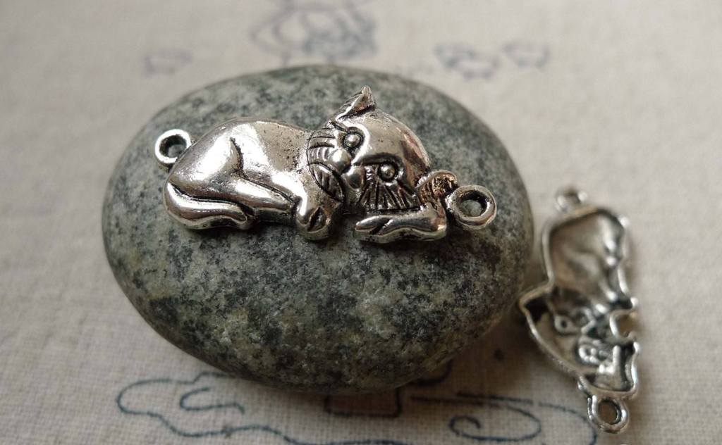 Accessories - 10 Pcs Of Antique Silver Kitten Cat Connector Charms 13x29mm A6394