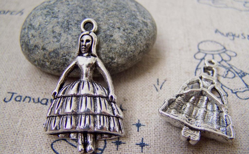 Accessories - 10 Pcs Of Antique Silver Lady In Dress Pendants 21x35mm A2894
