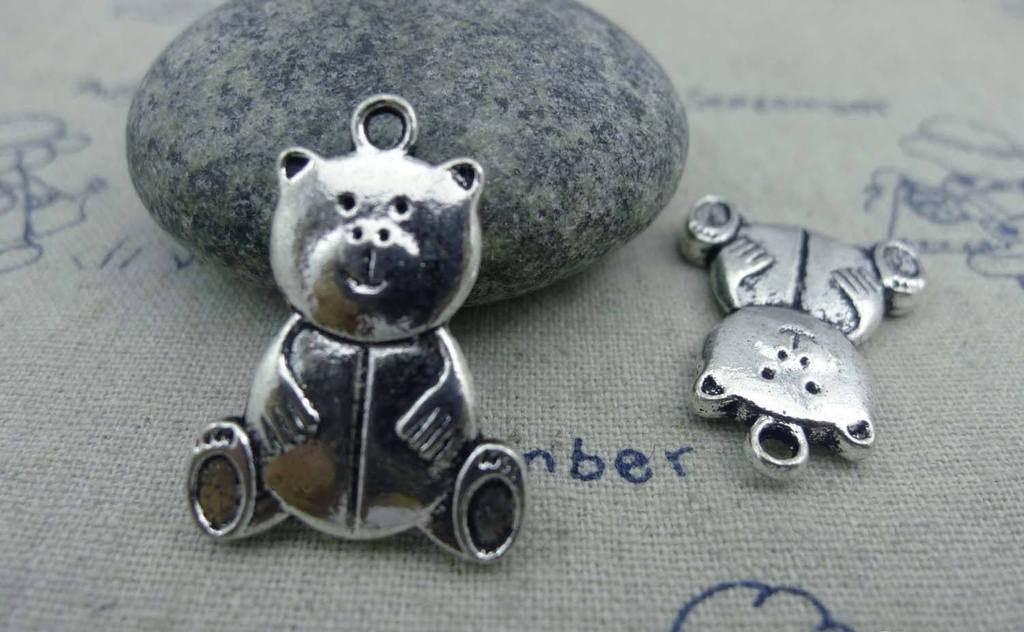 Accessories - 10 Pcs Of Antique Silver Lovely Bear Charms Pendants 19x26mm Double Sided A1163