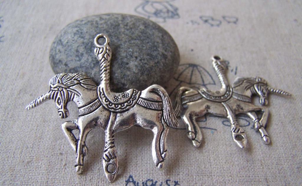 Accessories - 10 Pcs Of Antique Silver Merry Go Round Unicorn Horse Pendant Charms 44x45mm A4306