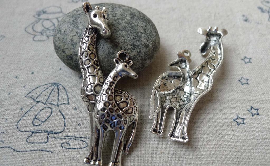 Accessories - 10 Pcs Of Antique Silver Mother And Baby Giraffe Pendants Charms 20x54mm A6512