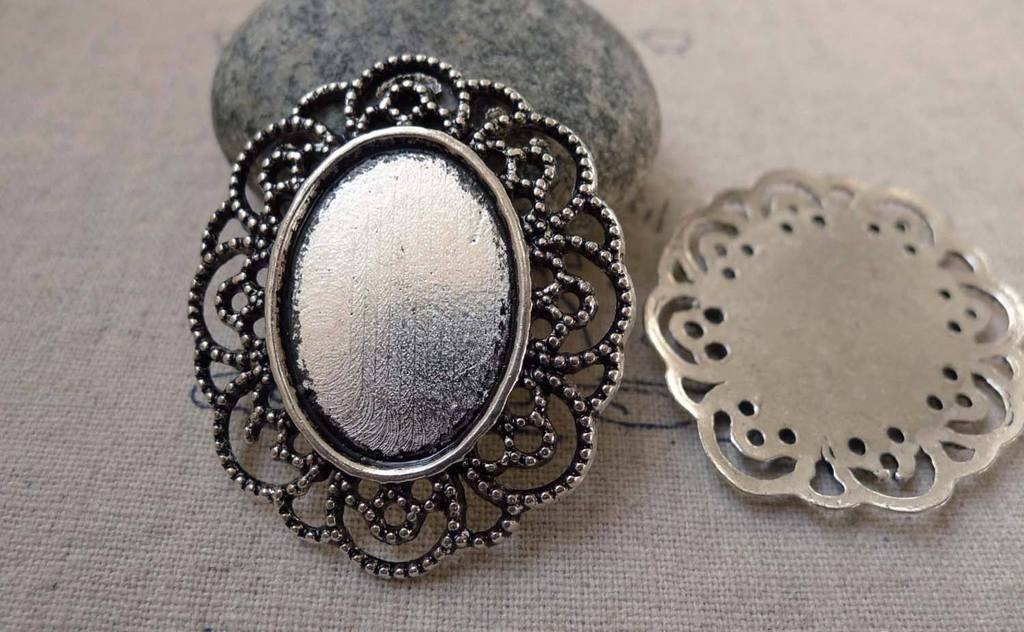 Accessories - 10 Pcs Of Antique Silver Oval Cameo Base Settings Match 18x25mm Cabochon A6248