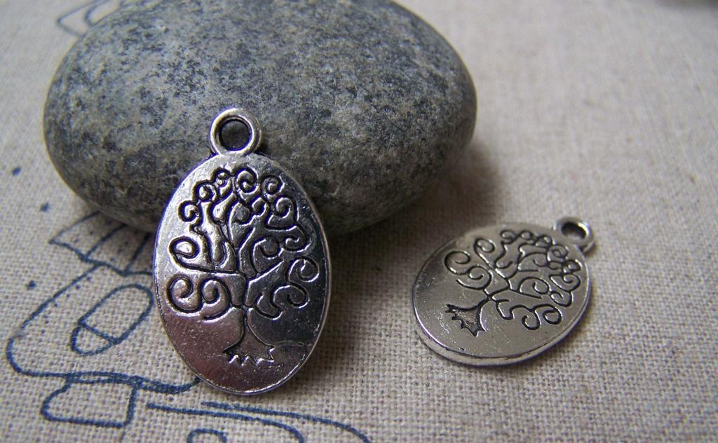 Accessories - 10 Pcs Of Antique Silver Oval Tree Pendant Charms 15x24mm Double Sided A2948